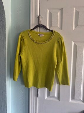 Nanette Lepore Lime Green Ribbed Sweater with Chain Trim